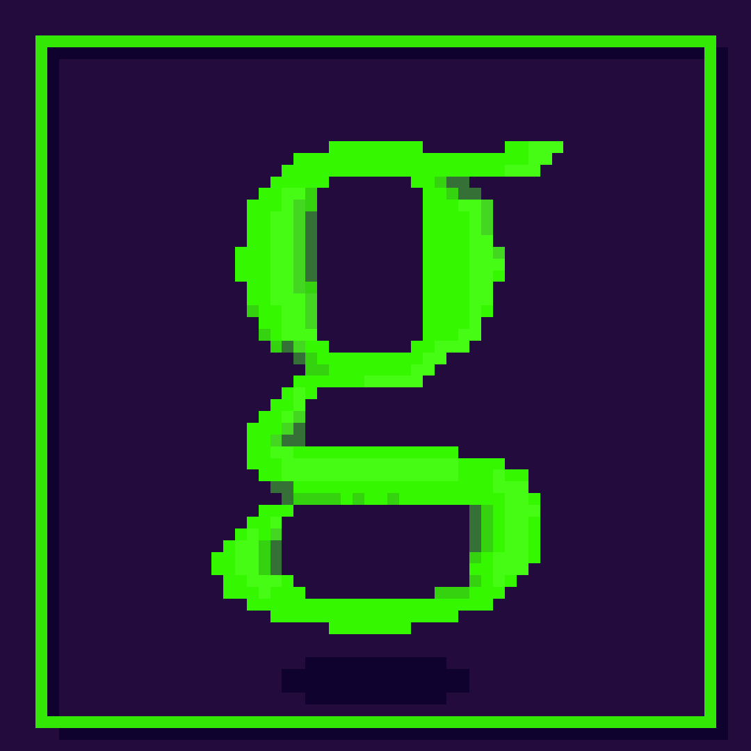 A lowercase pixel neon green letter G on a dark blue background, bouncing up and down within a neon green frame which changes colour to lilac every time the letter touches its upper side.